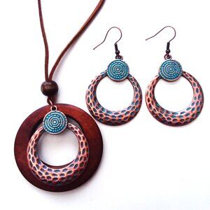 3pc Set Copper Leather Necklace & Earrings Dangle Boho Hippie Blue enamel